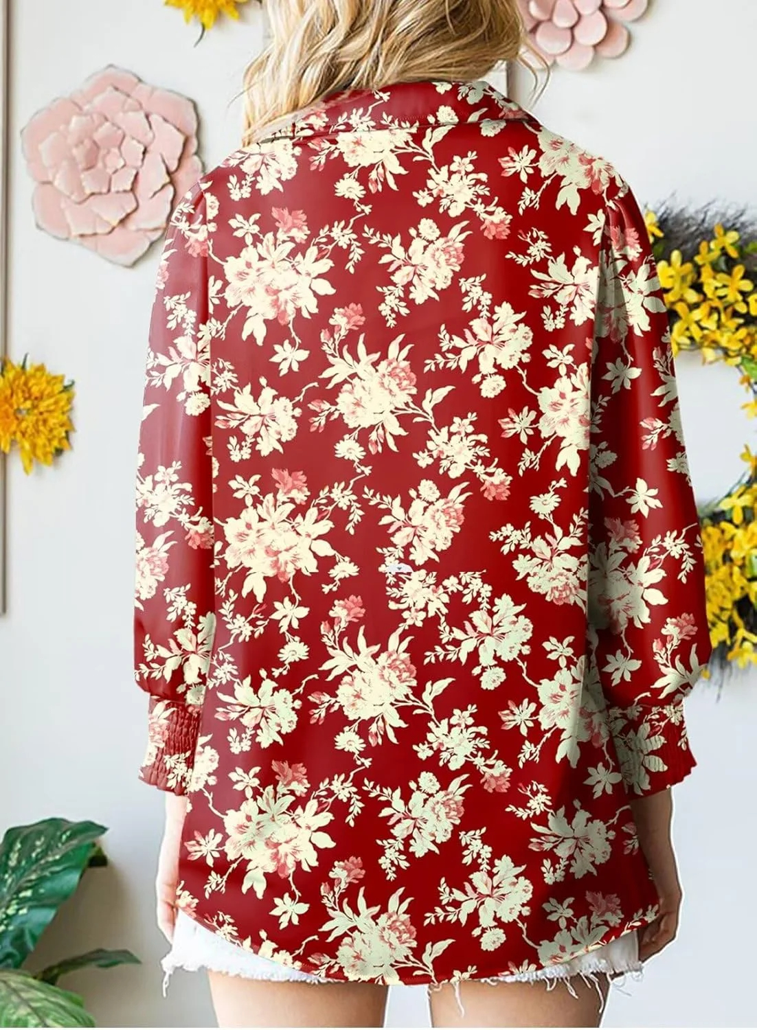 Women's Loose V-Neck Paisley Print Lantern Sleeve Blouse Top