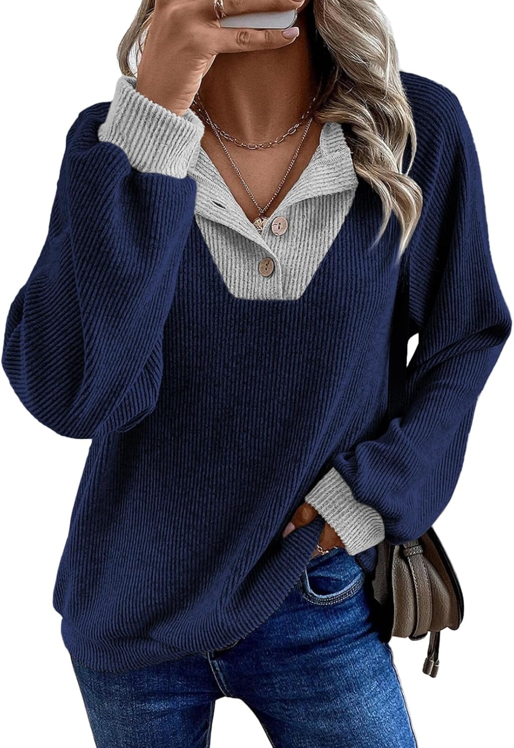 Women's Colorblock Button Up V Neck Long Sleeve Casual Sweatshirts