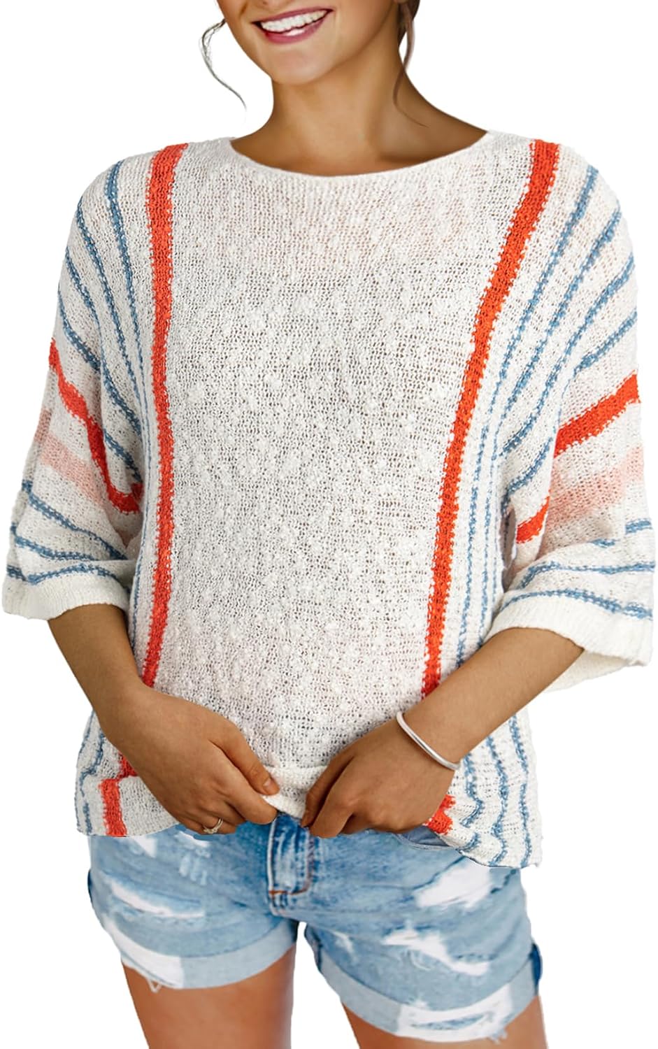Women's Casual Color Block Striped Cable Knit Boho Sweater