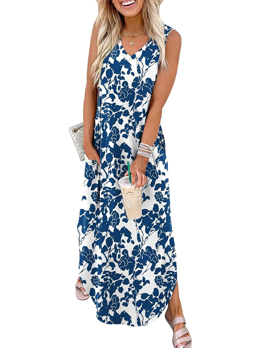 Women's Summer Boho Print V Neck Split Tank Long Dress with Pockets