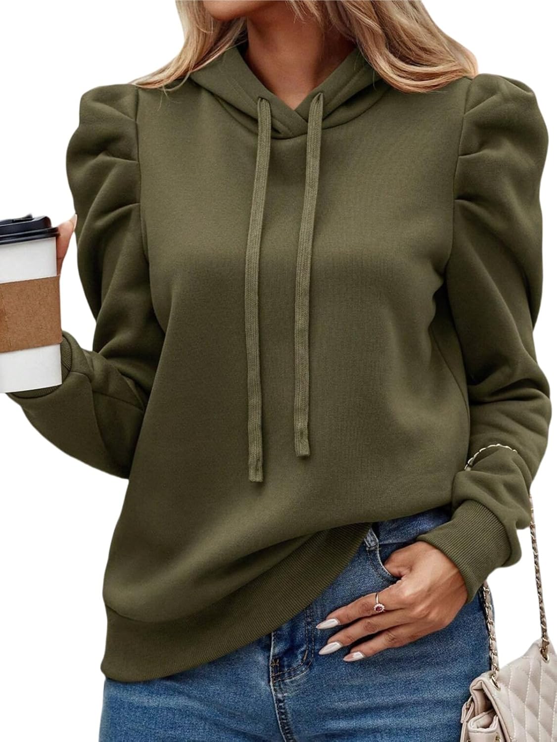 Women's Puff Sleeve Drawstring Casual Hoodie