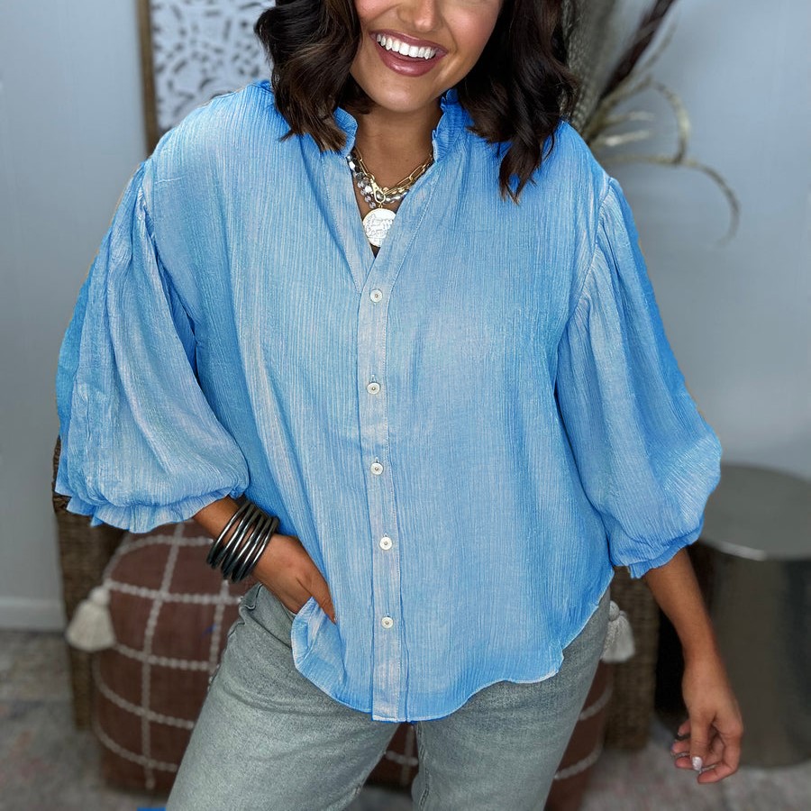 Puff Sleeve Woven Button Down Shirt
