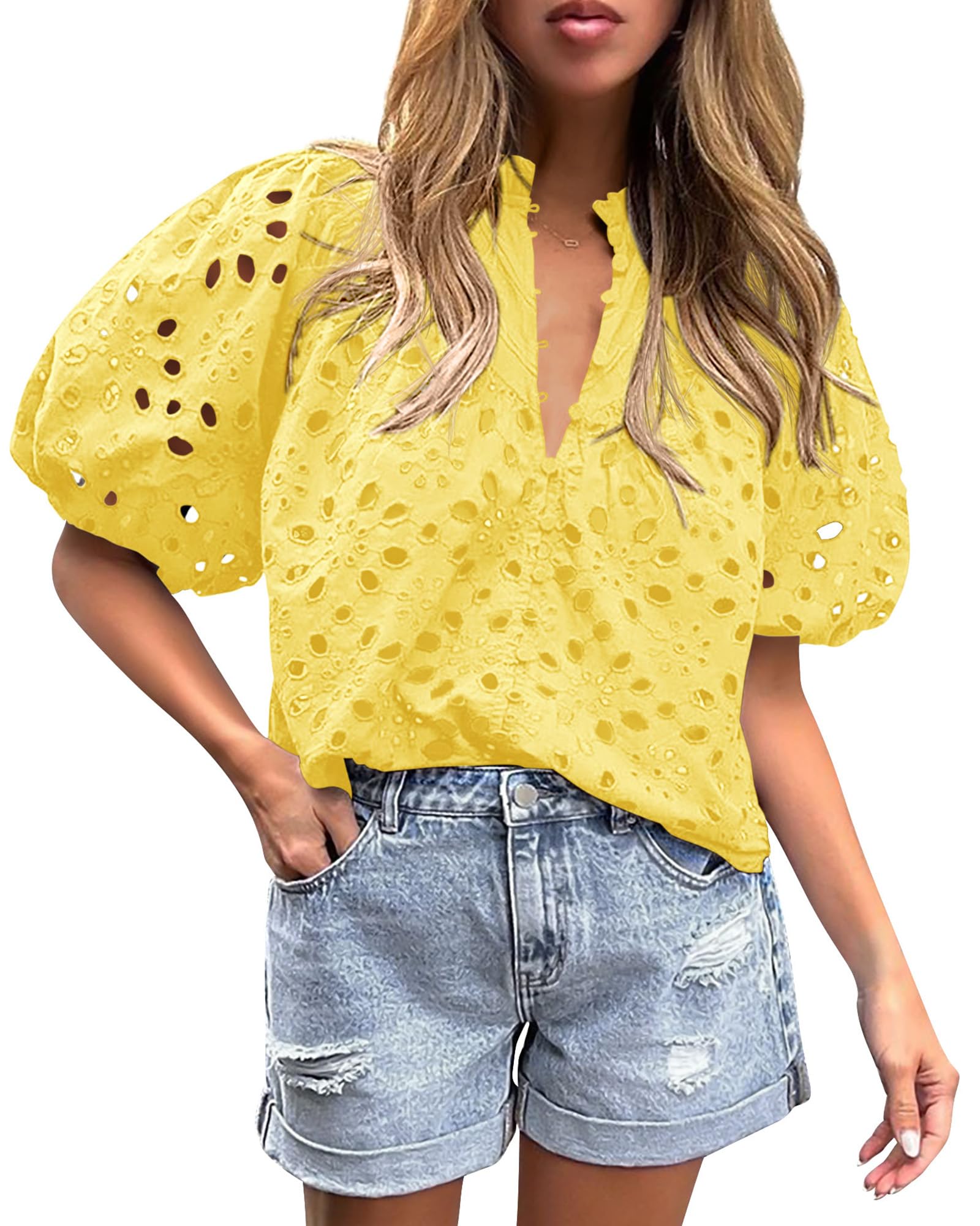 2025 New Women's Casual Short Sleeve V Neck Buttons Hollow Out Lace Embroidered Blouses Shirts(BUY 2 FREE SHIPPING!!!)