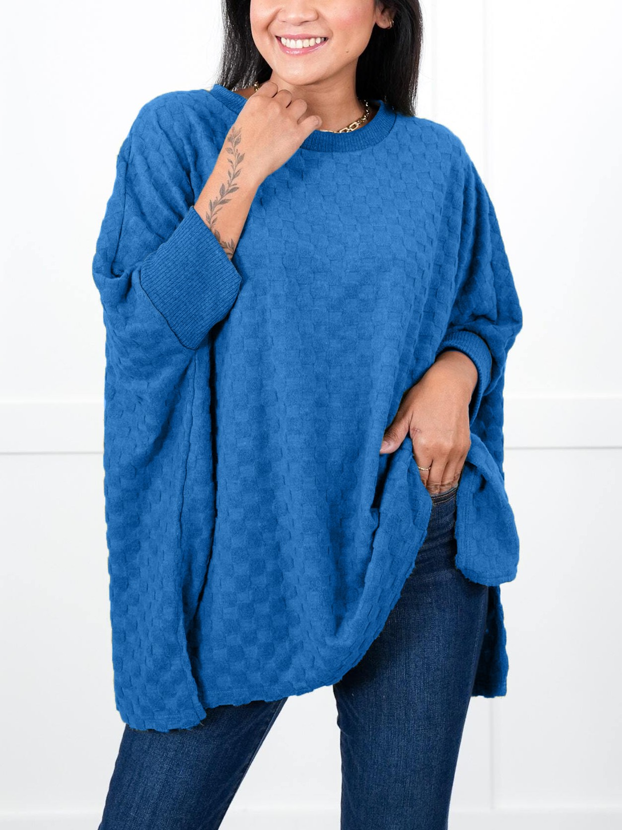 Oversized Textured Round Neck Dolman Sleeve Side Slits Top