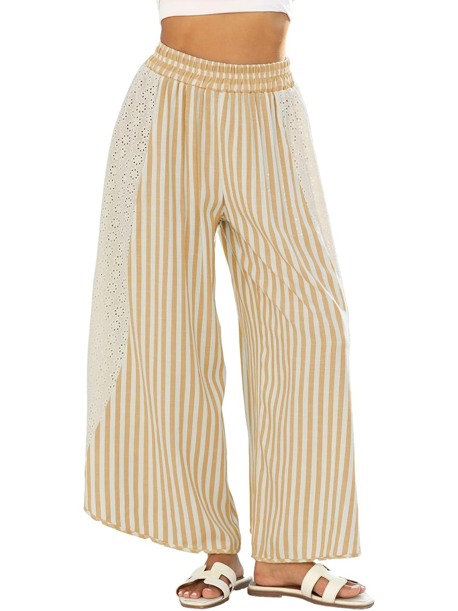 Women's Summer Casual Loose Striped Lace Patchwork Wide Leg Pants
