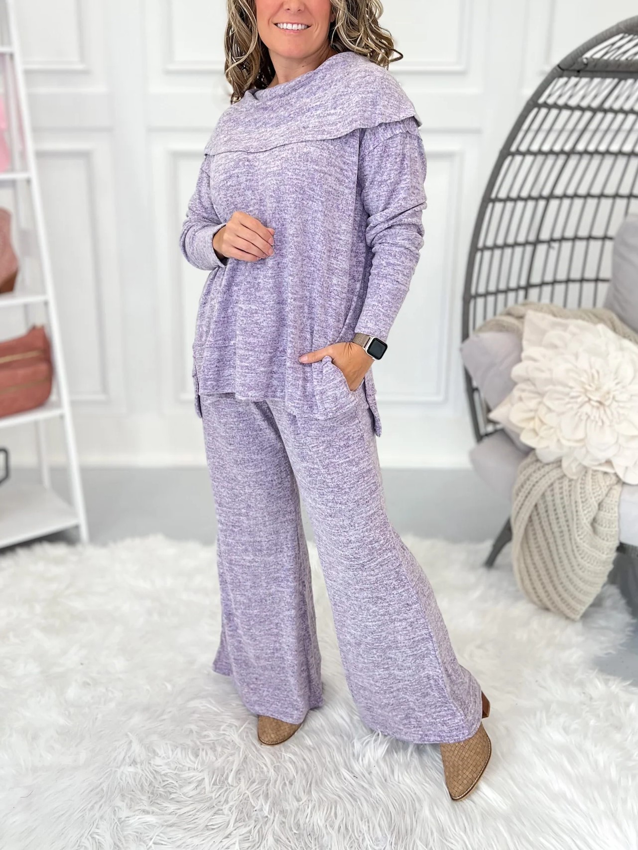 Women's Soft Knit Fold Boat Neck Top and Pants Lounge Set