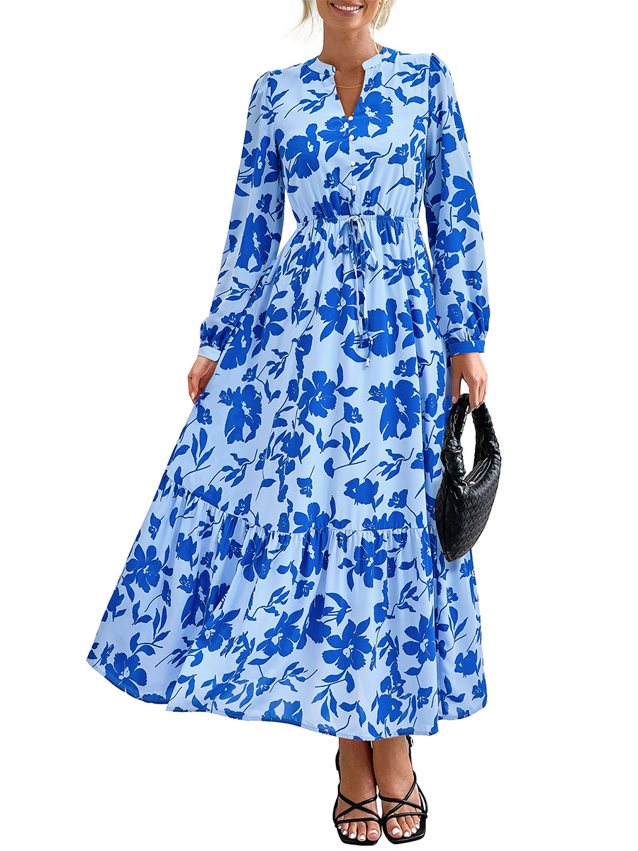Women's Boho Floral Long Sleeve V Neck Button Pockets Flowy Dress