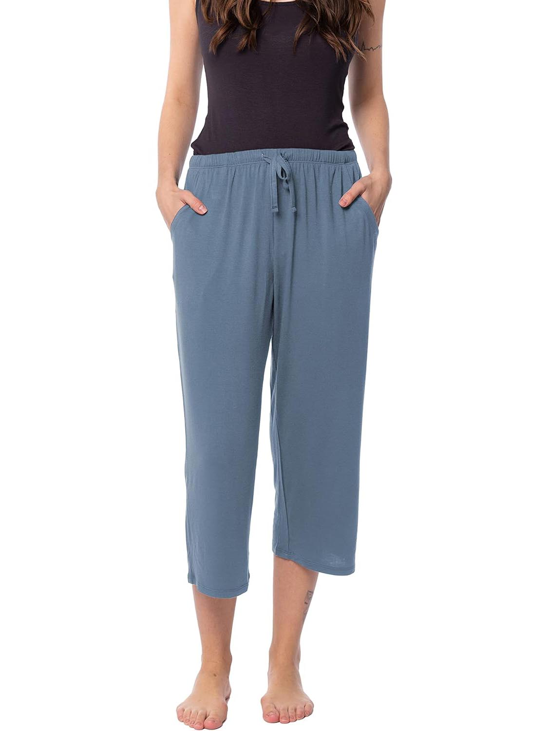 Women's Relaxed Flowy Drawsting Cropped Yoga Lounge Pants with Pocket