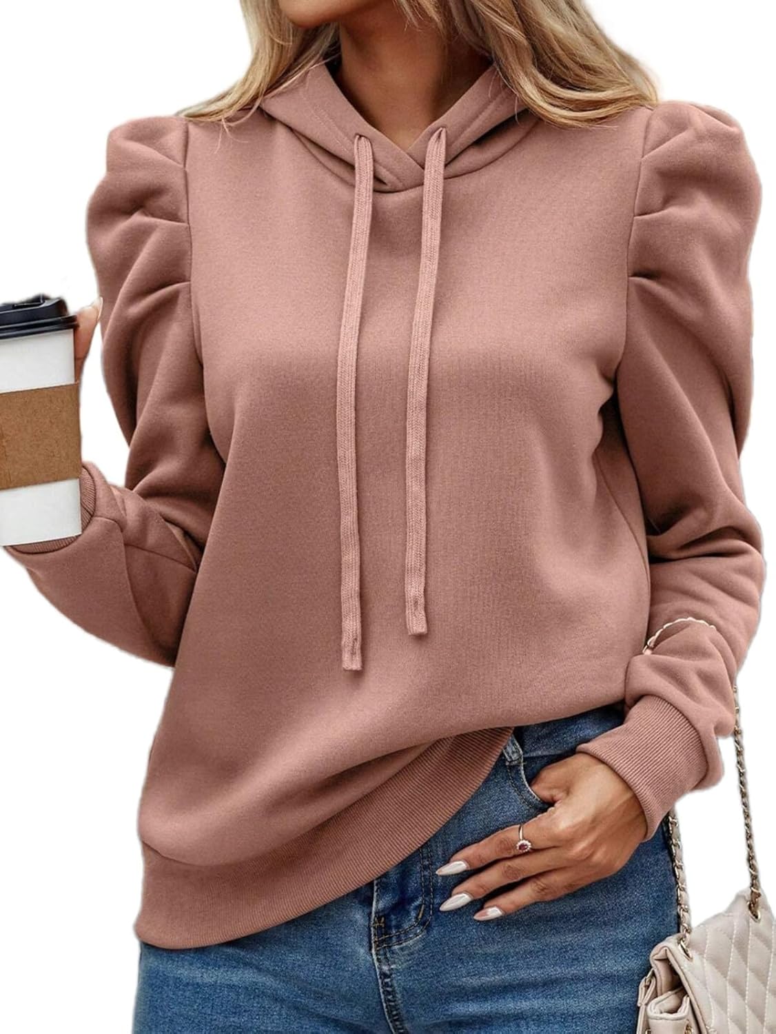 Women's Puff Sleeve Drawstring Casual Hoodie