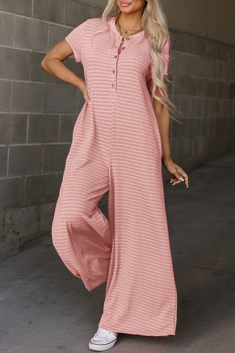 Short Sleeve Button-front Textured Jumpsuit