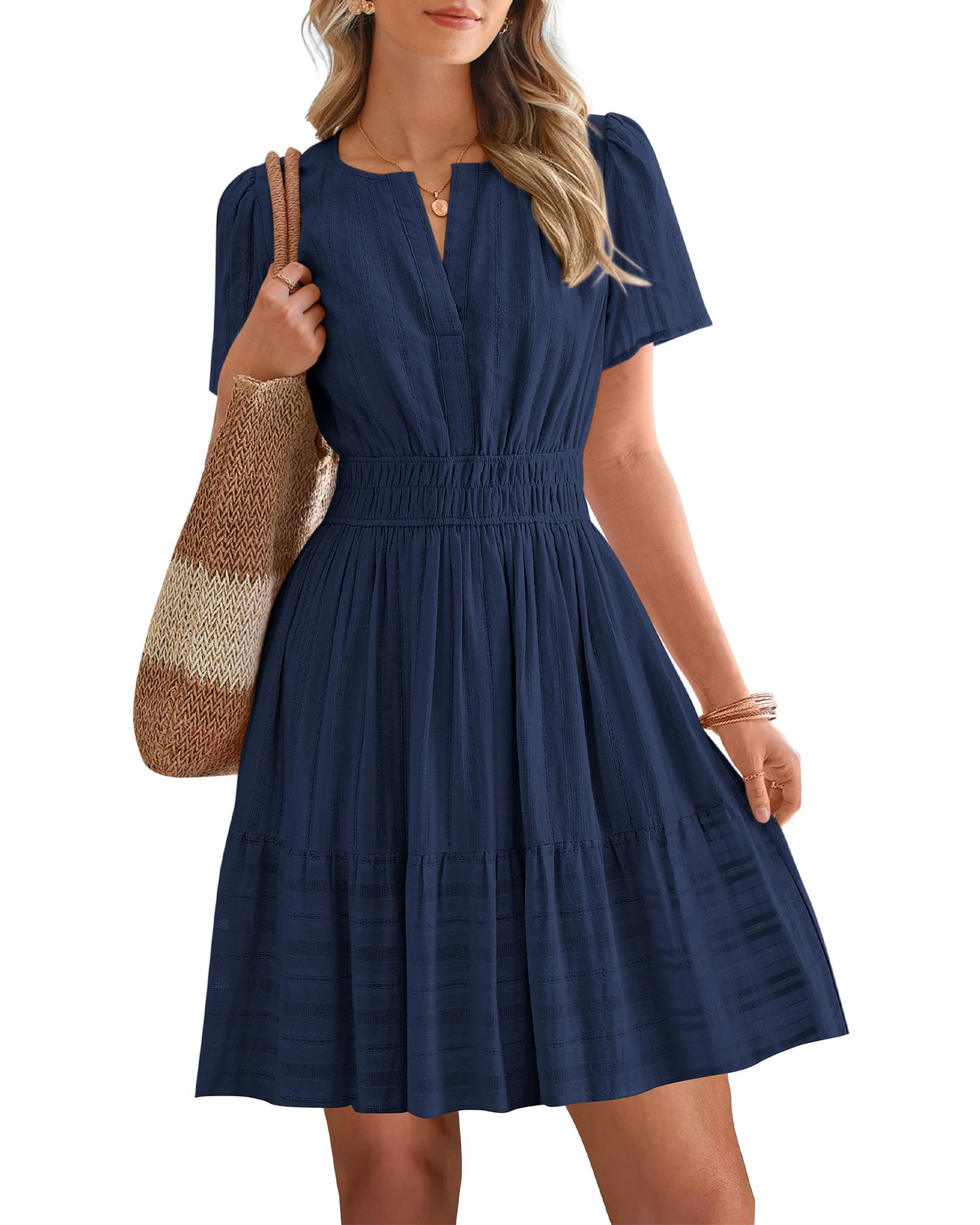 Women's Lightweight Short Sleeve V Neck Elastic Waist Mini Dress