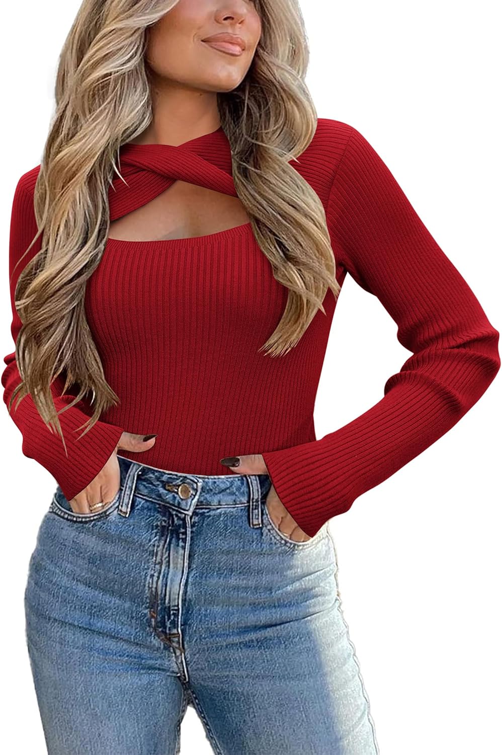 Women's Trendy Long Sleeve Hollow Out Fitted Knitted Pullover Sweaters
