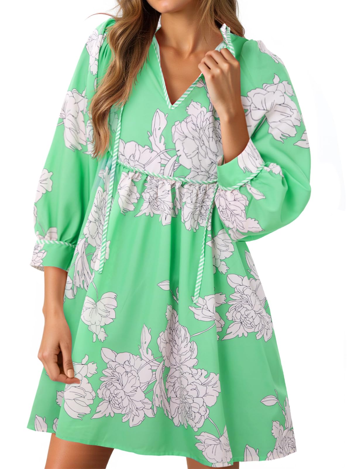 Women's Floral 3/4 Balloon Sleeve V Neck Flowy Babydoll Dress
