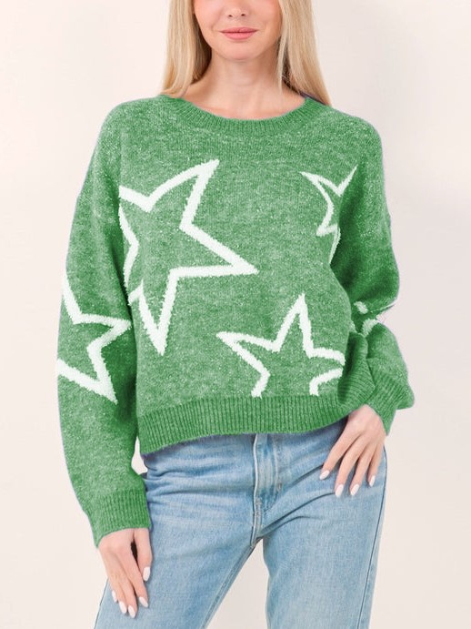 Star Pattern Contrast Long Sleeve Pullover Sweater
