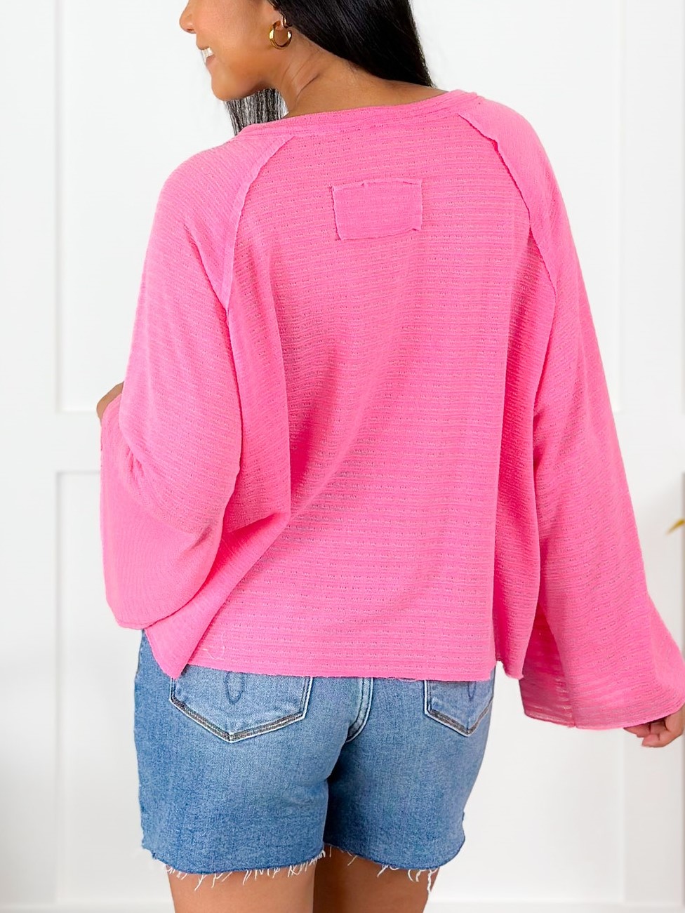 HOT SALE Textured Long Sleeve V Neck Top with Seam Detail