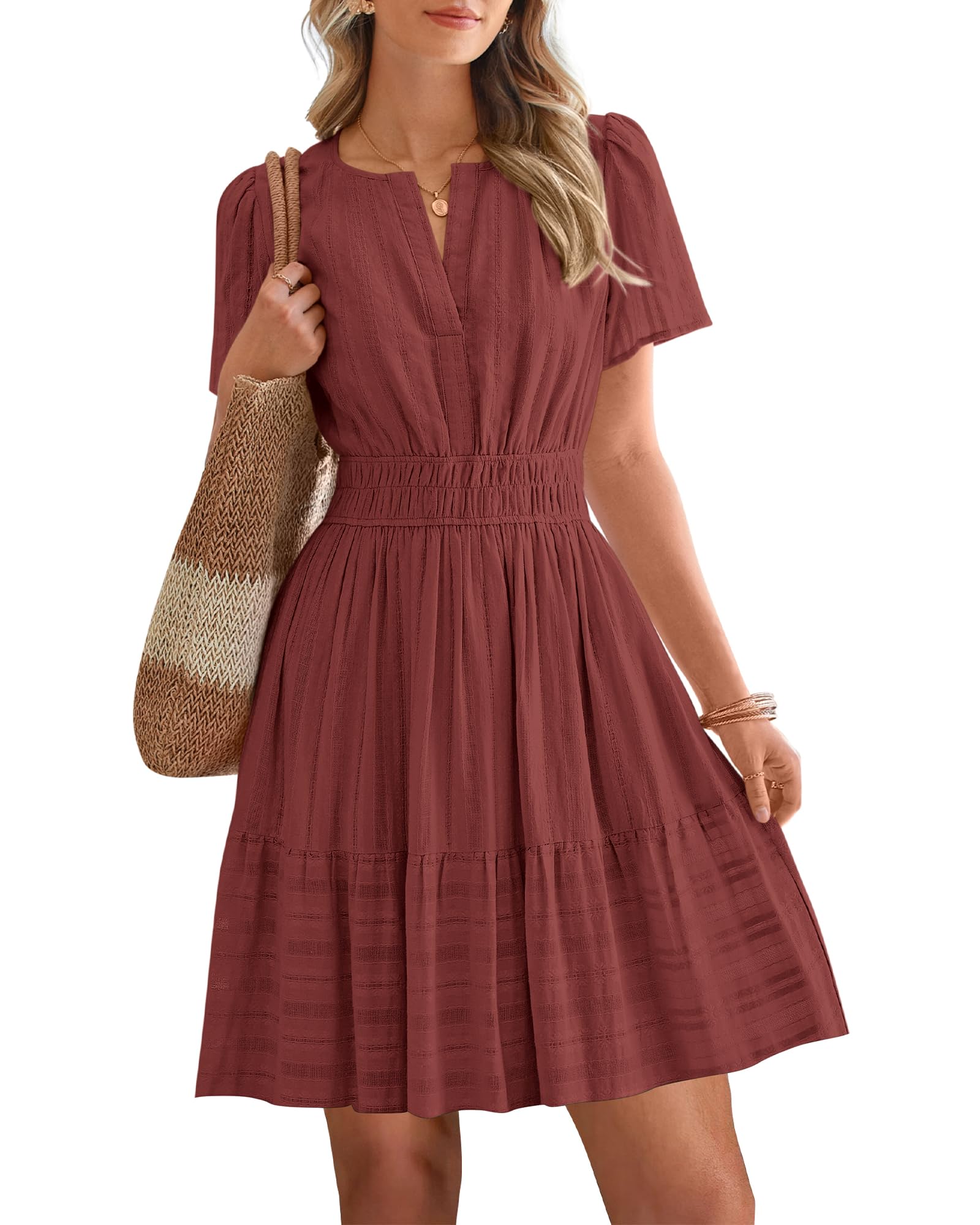Women's Lightweight Short Sleeve V Neck Elastic Waist Mini Dress