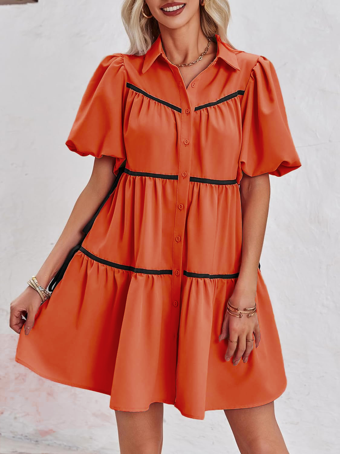 🔥Summer Contrasting Puff Short Sleeve Tiered Mini Dress (Buy 2 Free Shipping)