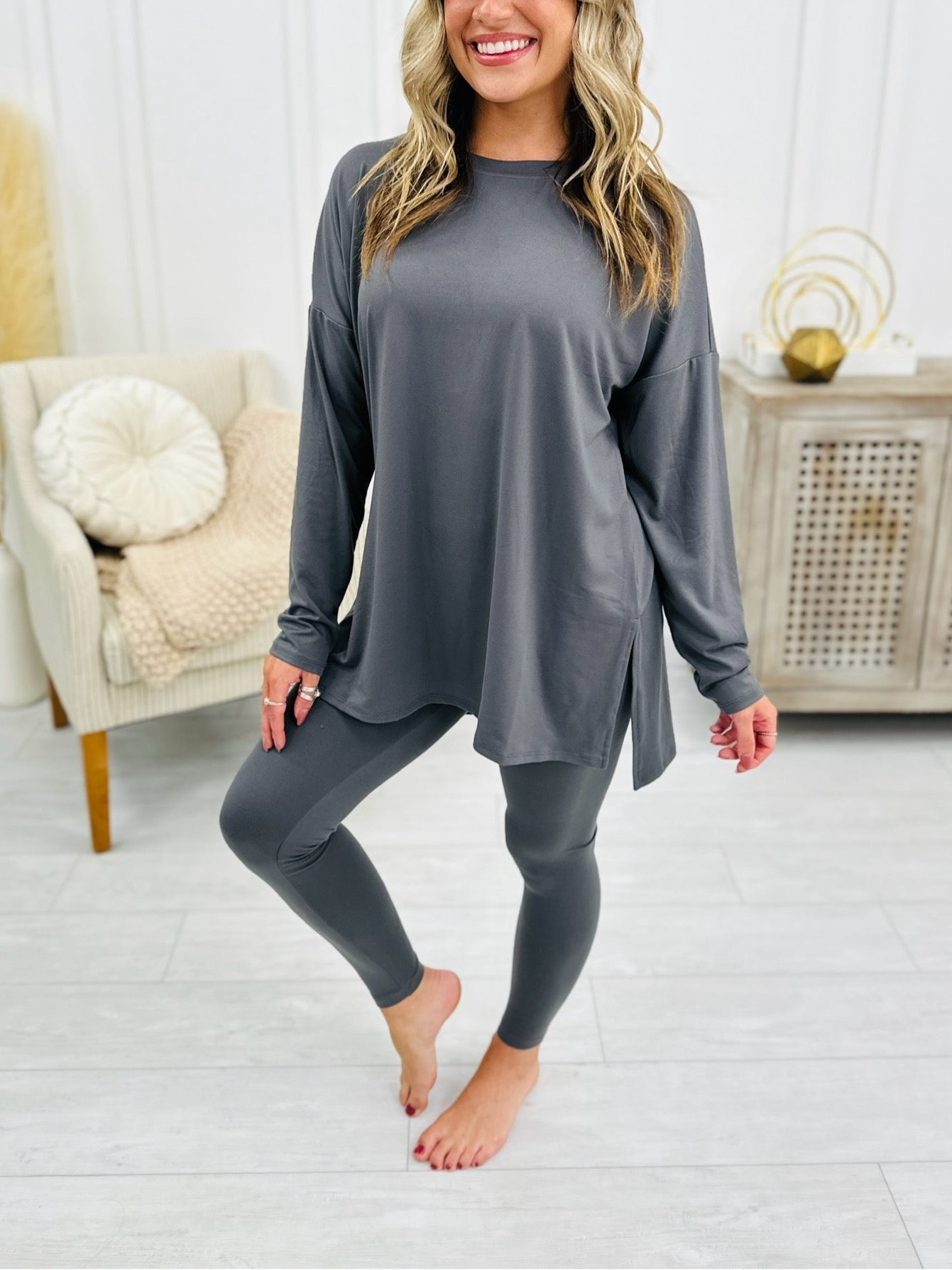 Buttery Soft Microfiber Long Sleeve Side Slit Loungewear Set