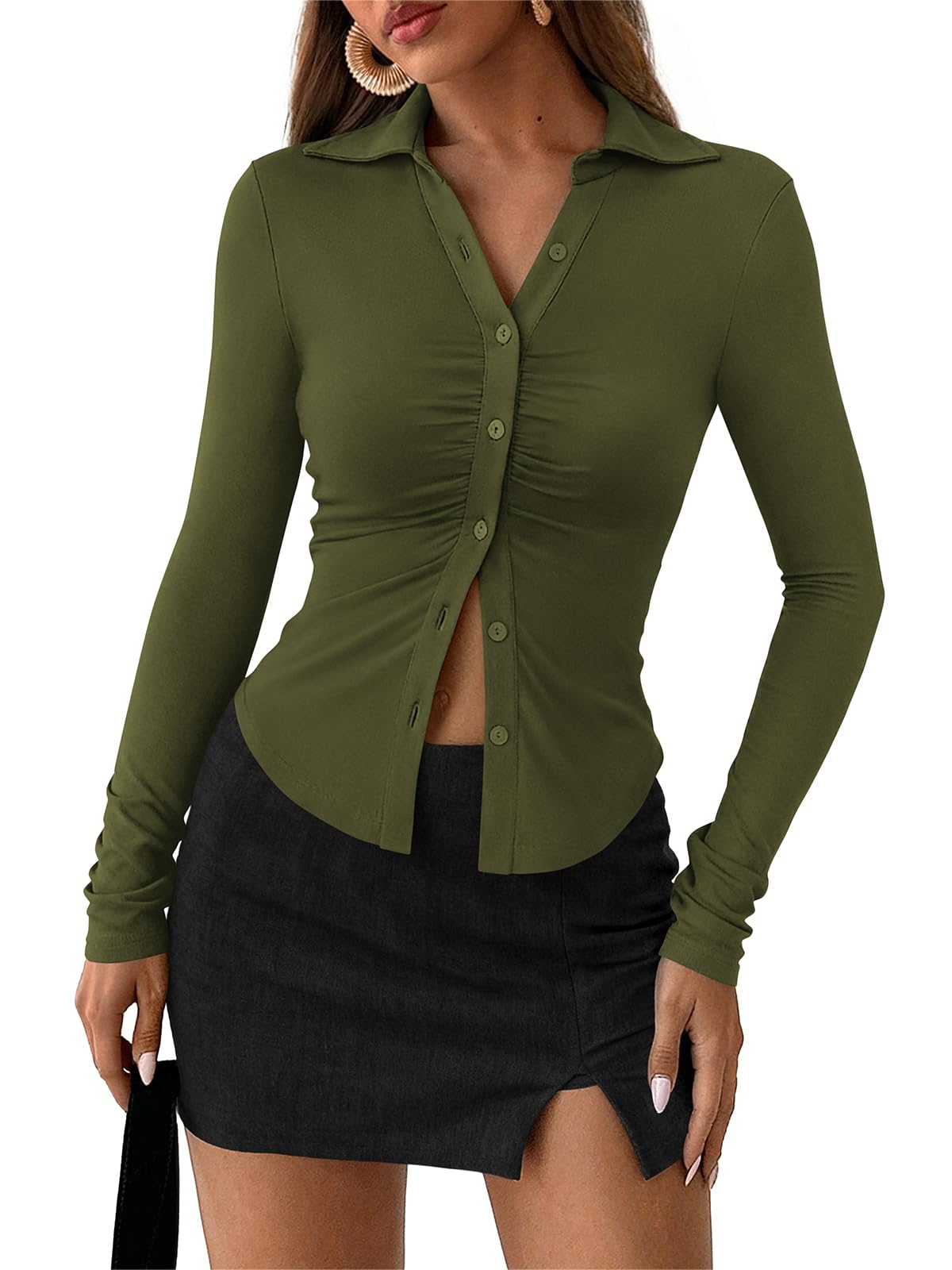 Women's Ruched Front Button Down Slim Fit Long Sleeve Shirt