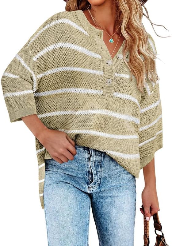 Women's Striped Button Down V Neck 3/4 Sleeve Lightweight Knit Pullover