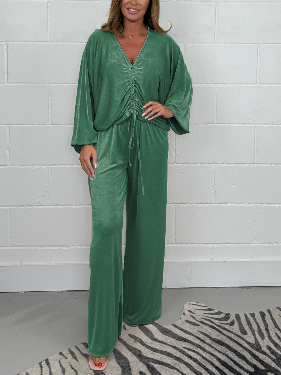 Ruched Drawsting Top & Wide Leg Pants Lounge Set