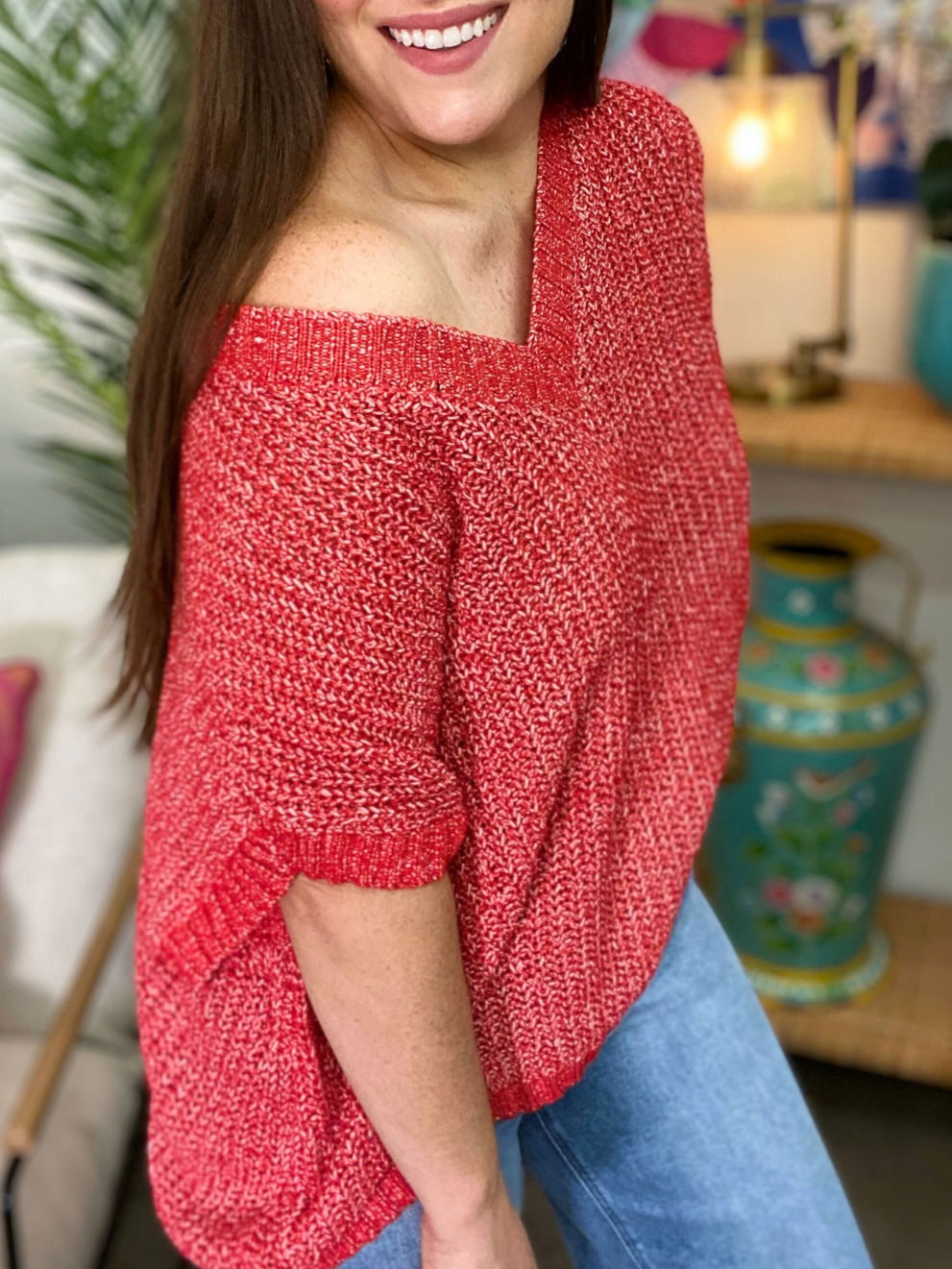 2024 Oversized Knitted V-neck Short Sleeve Top