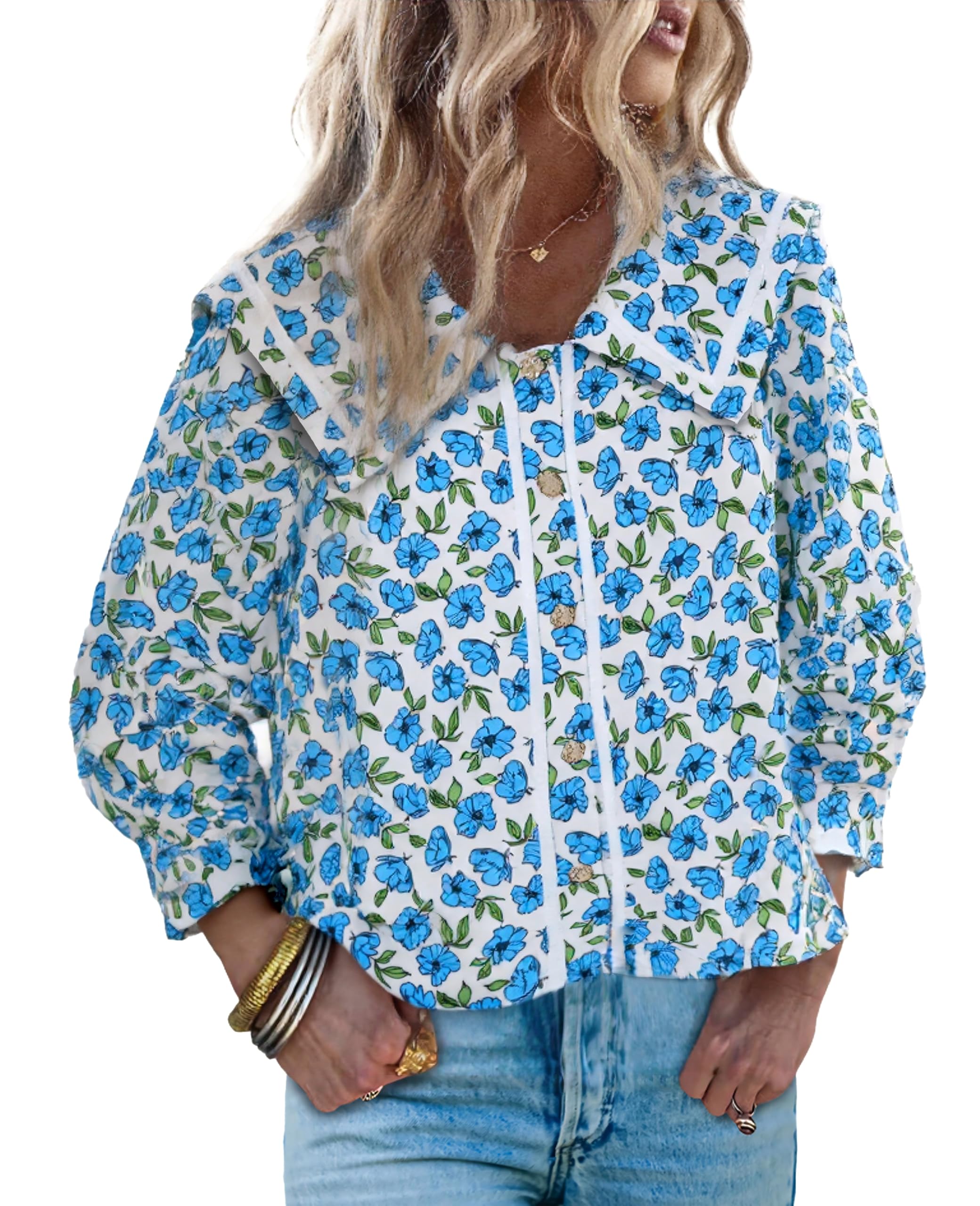 Women's Floral Collared 3/4 Lantern Sleeve Button Down Shirt