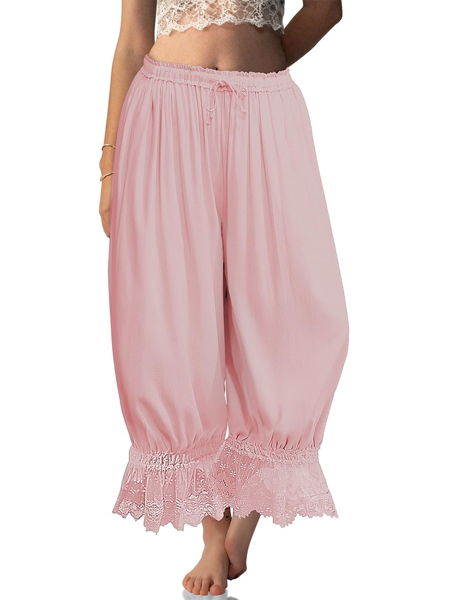 Women's Lace-Trimmed Ruffled Lantern Pants, Cropped Wide Leg Pants