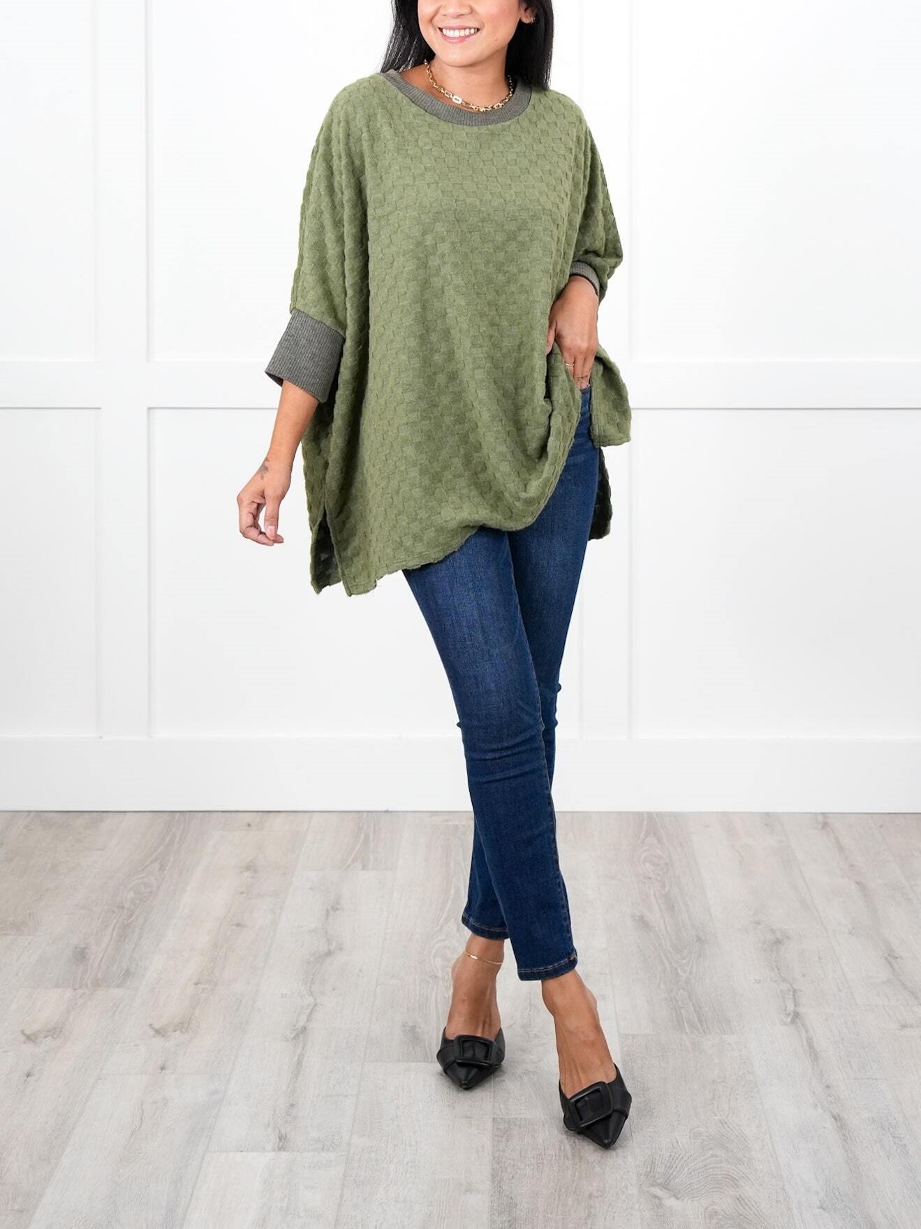 Oversized Textured Round Neck Dolman Sleeve Side Slits Top