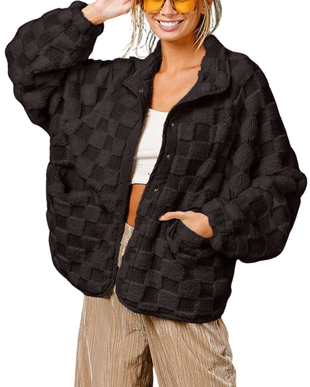 Women's Winter Casual Checkered Fleece Sherpa Jacket