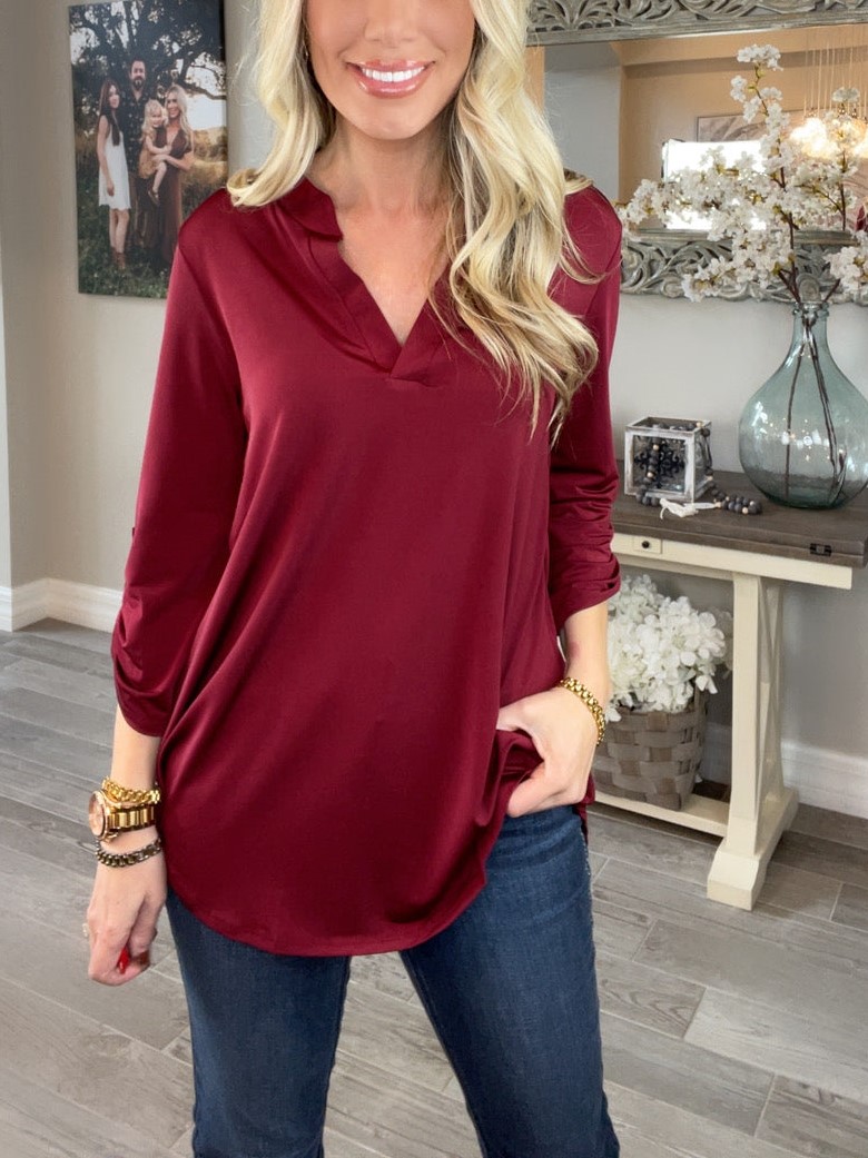 V Neck Satin 3/4 Sleeve Button Blouse