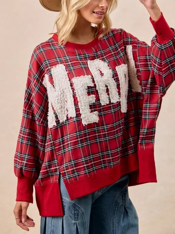 "Merry"  Fuzzy Letter Patches Christmas Plaid Sweatshirt