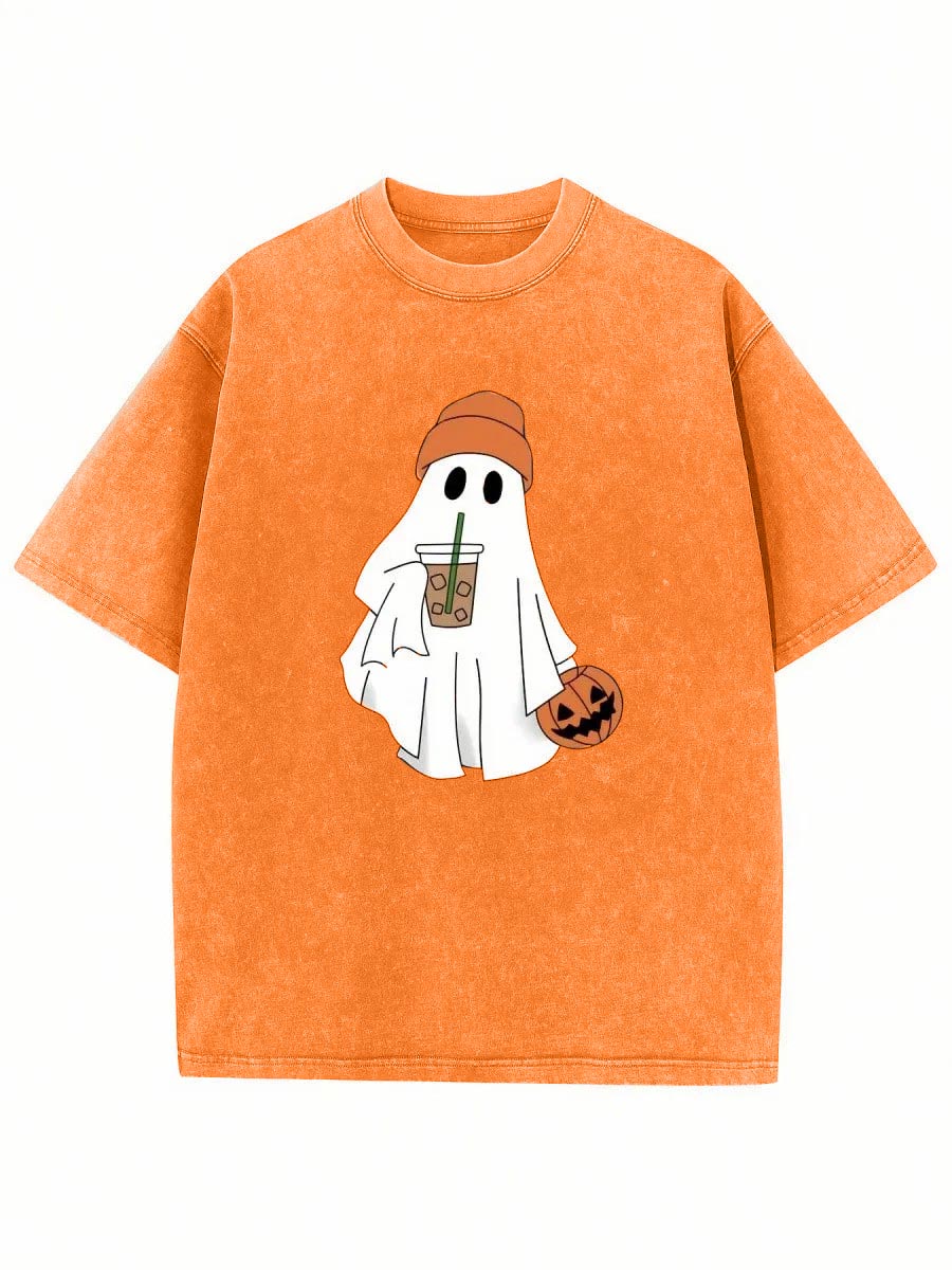 Vintage Halloween Cute Pumpkin And Ghost Print Washed T-Shirt