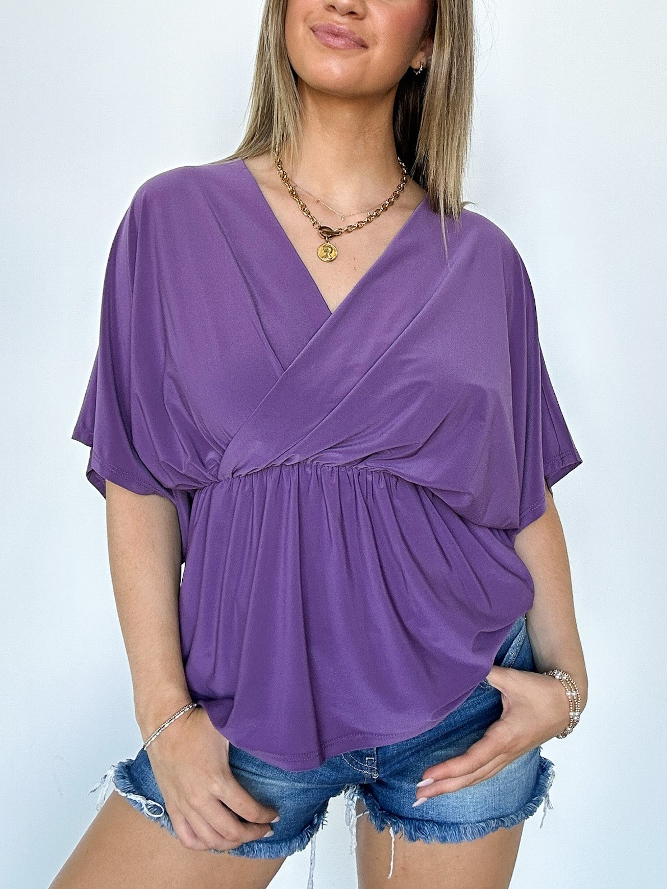 HOT SALE V Neck Solid Surplice Flowy Tunic Top