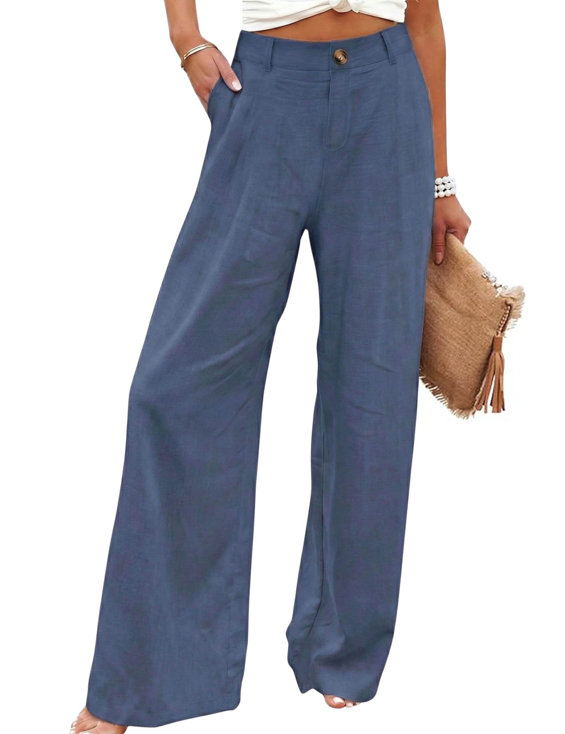 Women's Cotton Linen Casual Button Up Wide Leg Pants