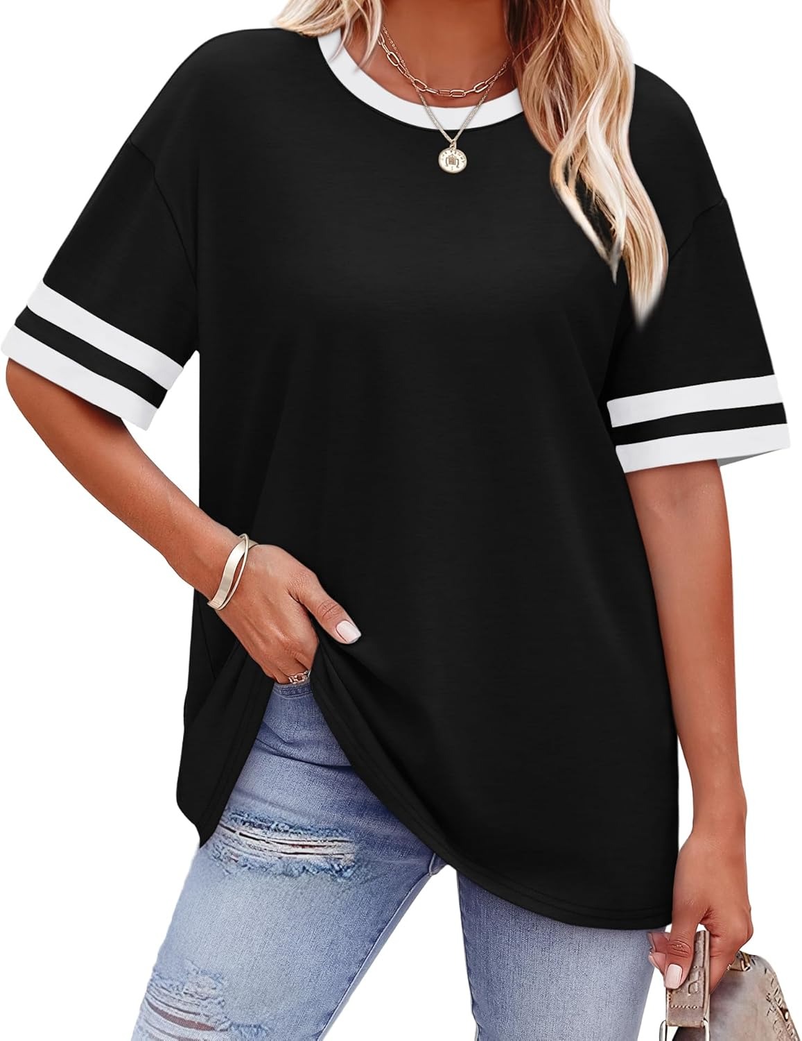 Women's Oversized Crew Neck Colorblock Striped Sleeve T-shirt