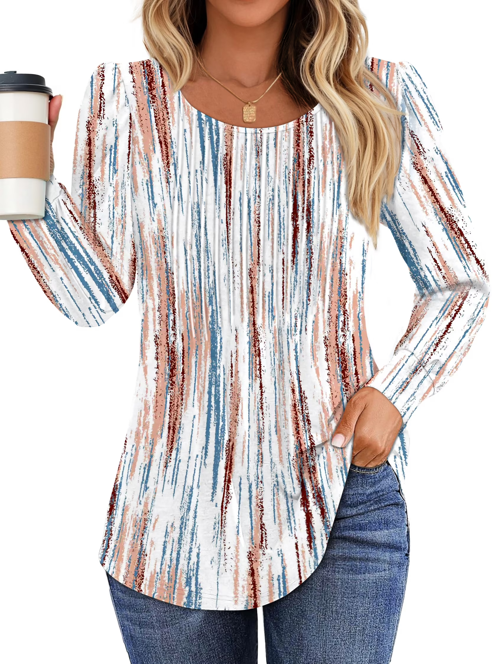 Women's Printed Long Sleeve Pleated Front Tunic Tops