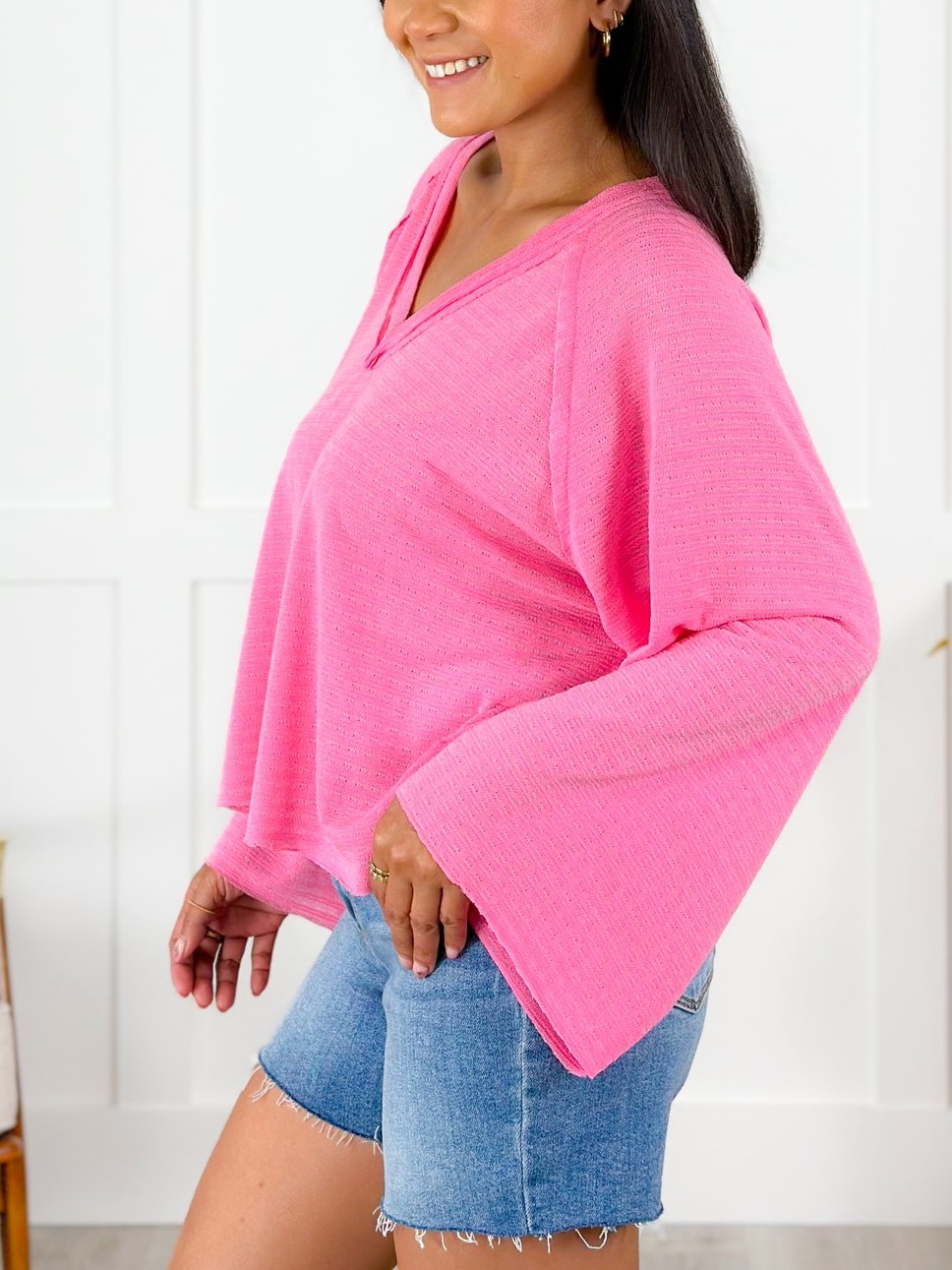 HOT SALE Textured Long Sleeve V Neck Top with Seam Detail