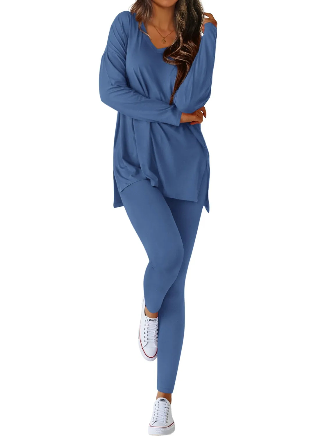 Women's V-neck Oversized Shirts Leggings Casual Lounge Matching Set