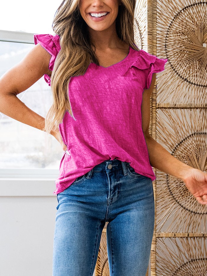 HOT SALE V Neck Flutter Ruffle Smocked Sleeve Top