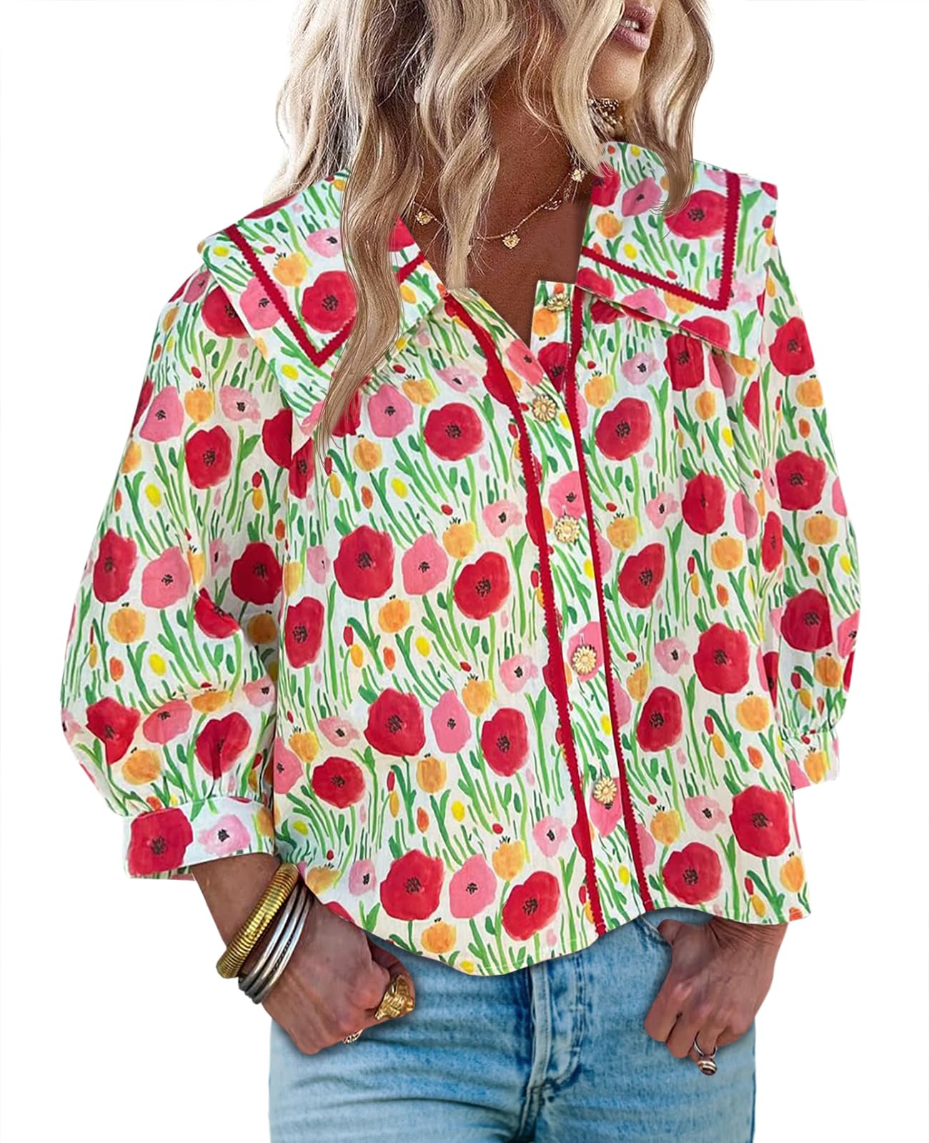 Women's Floral Collared 3/4 Lantern Sleeve Button Down Shirt