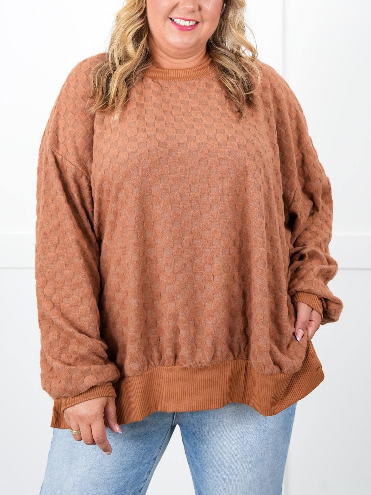 Oversized Textured Round Neck Dolman Sleeve Side Slits Top