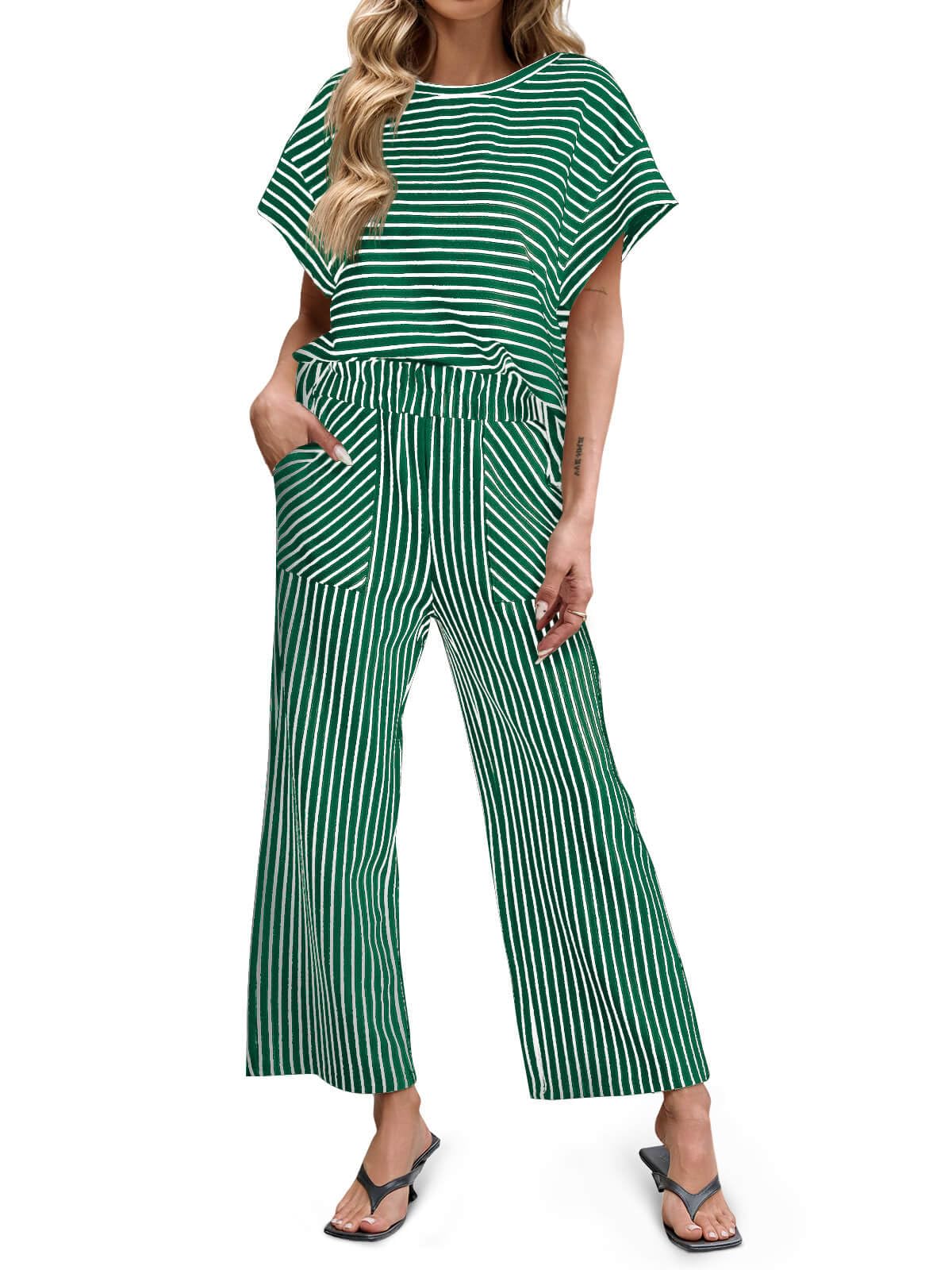 Women's Striped Short Sleeve Wide Leg Pants 2 Piece Sets with Pockets
