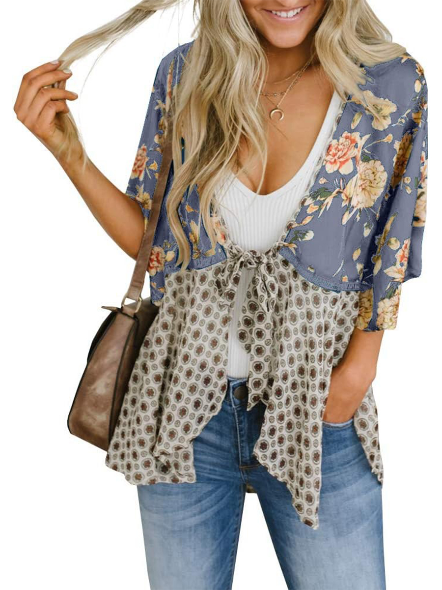 Women's Floral Kimono 3/4 Ruffle Sleeve Tie Cardigans Flowy Boho Loose Cover Ups