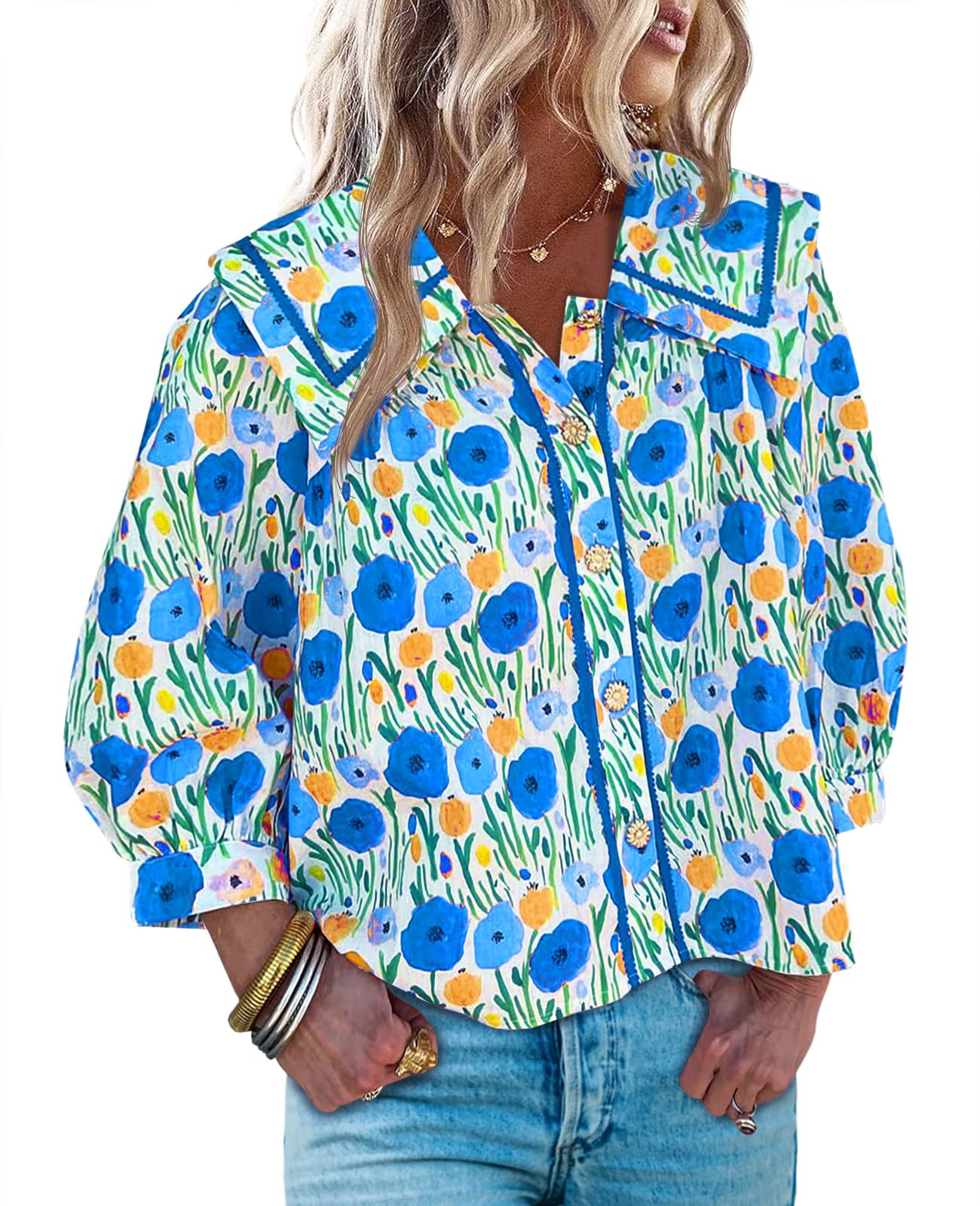 Women's Floral Collared 3/4 Lantern Sleeve Button Down Shirt