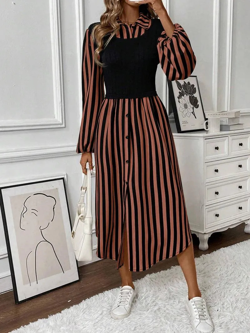 HOT SALE Women's Long Sleeve Striped Button Front Shirt Dress