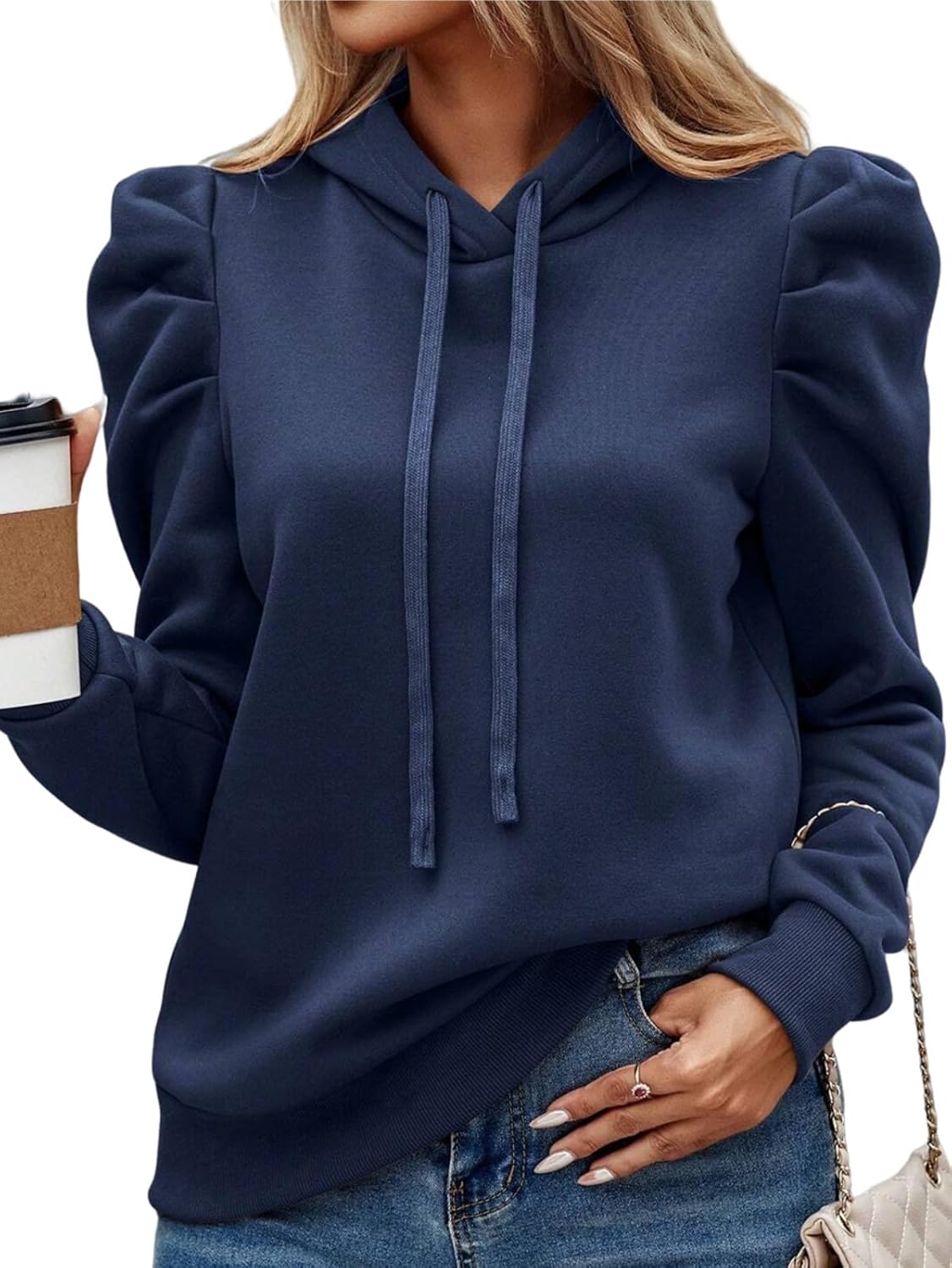 Women's Puff Sleeve Drawstring Casual Hoodie