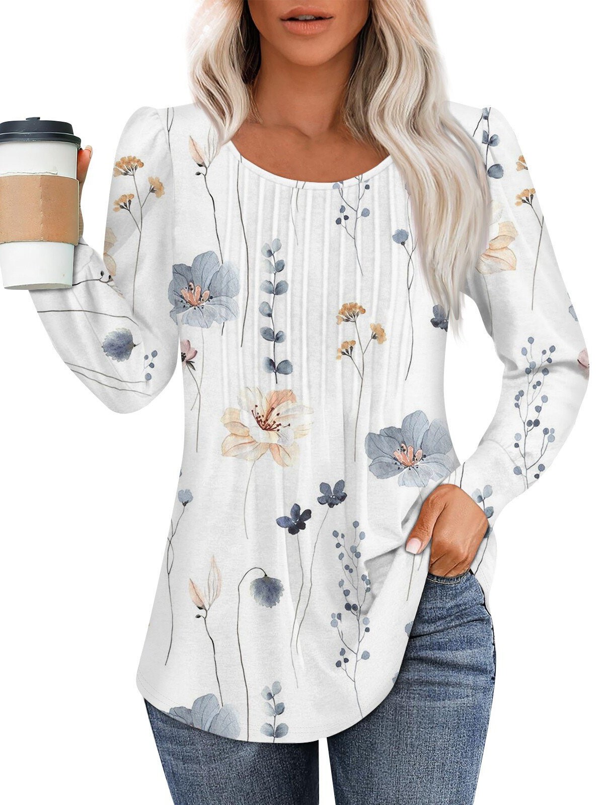 Women's Printed Long Sleeve Pleated Front Tunic Tops