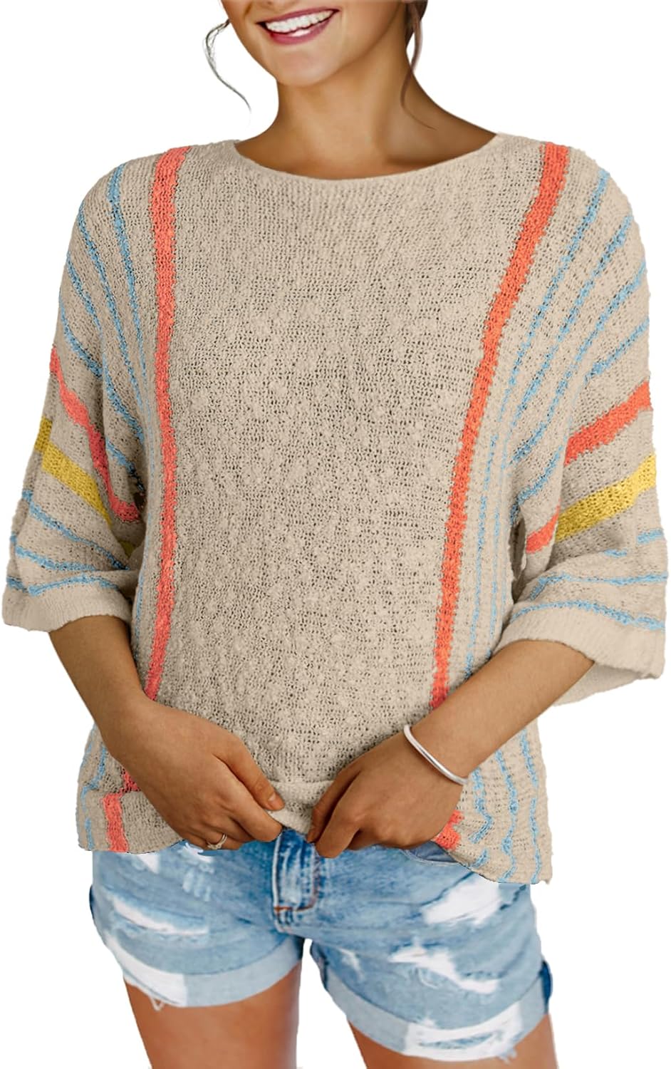 Women's Casual Color Block Striped Cable Knit Boho Sweater