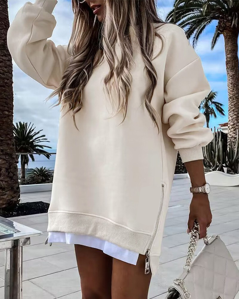 Womens Long Sleeve Pullover Sweatshirt Zipper Slit Casual Dress